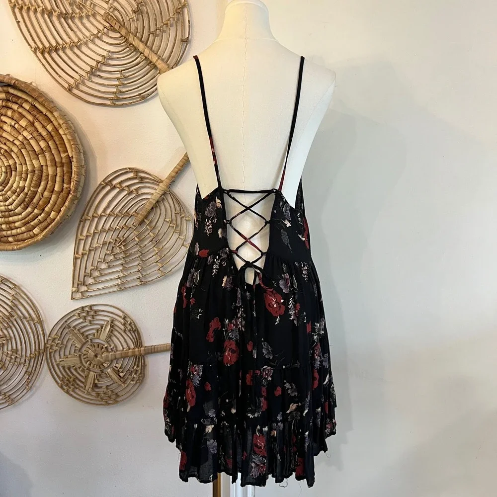 Free People‎ Black Rayon Circle of Flowers Tiered Ruffle Mini Dress Fairycore S